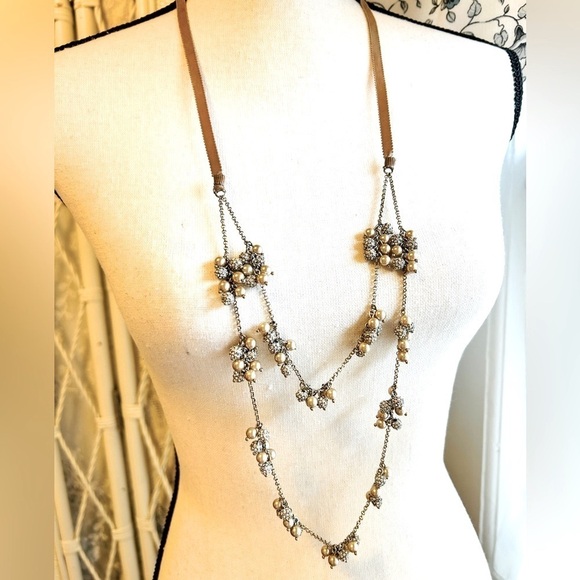 Necklace Crystal and Bead Clusters Two Strand Ribbon Tie - Picture 2 of 13